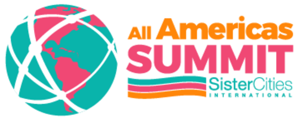 Teal globe with pink continents All Americas Summit logo